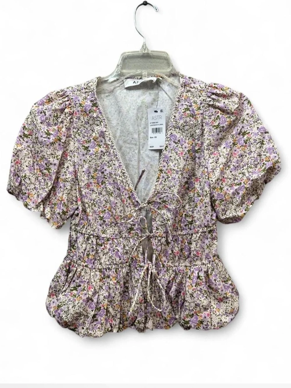 Astr Lavender Floral Tie-Front Puff Sleeve Blouse